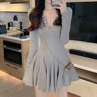 Long-sleeve Buttons V-neck A-line Dress