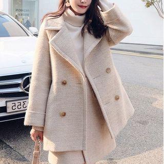 Set: Double Breasted Woolen Coat + Mini A-line Skirt