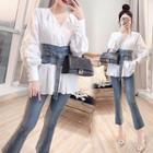 Set: V-neck Peplum Blouse + Distressed Straight-cut Jeans