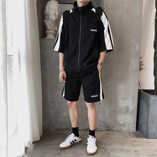Set: Two Tone Elbow-sleeve Zipped Jacket + Shorts