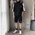 Set: Two Tone Elbow-sleeve Zipped Jacket + Shorts