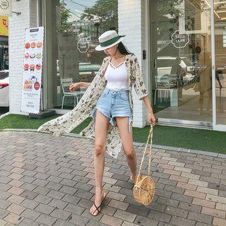 3/4-sleeve Floral Chiffon Robe Cardigan