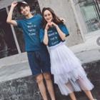Couple Matching Lettering Short-sleeve T-shirt / Midi Mesh Skirt