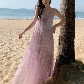 Spaghetti Strap Mock Two Piece Plaid Maxi A-line Dress