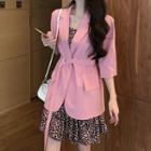 Elbow-sleeve Single-button Blazer / Heart Print Spaghetti Strap Mini A-line Dress