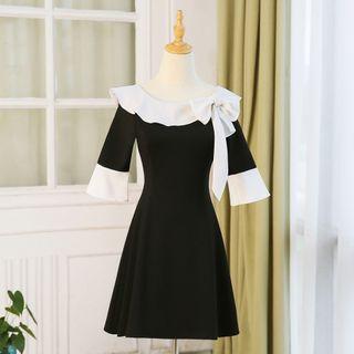 Two-tone Ribbon Bell-sleeve Mini A-line Dress