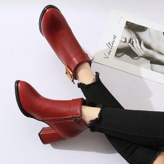 Faux Leather Buckled Block Heel Ankle Boots