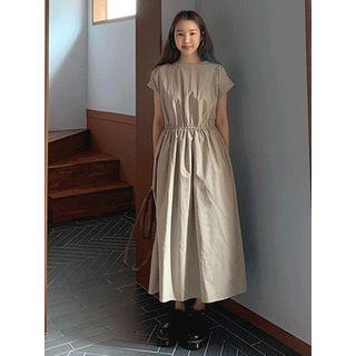 Button-back Gathered-waist Midi Dress