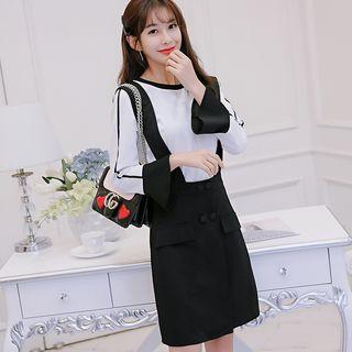 Set: Color Block Long-sleeve Blouse + Jumper Dress