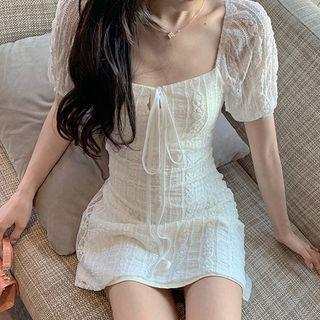 Short-sleeve Square-neck Lace Mini A-line Dress