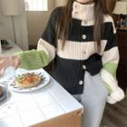 Turtle-neck Contrast Stripe Button-up Cardigan As Figure - One Size