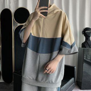 Set: Elbow-sleeve Color Block Half-zip Hoodie + Shorts