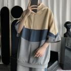 Set: Elbow-sleeve Color Block Half-zip Hoodie + Shorts