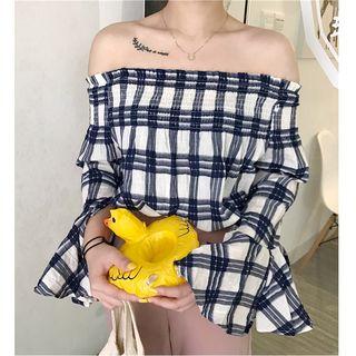 Check Off-shoulder Bell Long-sleeve Top