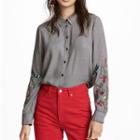 Houndstooth Floral Embroidered Long-sleeved Open-front Striped Blouse