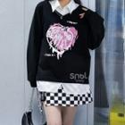 Mock Two-piece Print Sweatshirt / Checkerboard Mini A-line Skirt