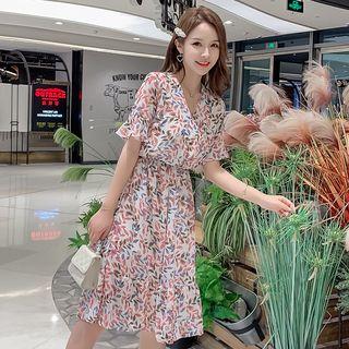 Leaf-print Chiffon Short-sleeve A-line Dress
