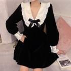 Lantern-sleeve Collared Velvet Mini A-line Dress