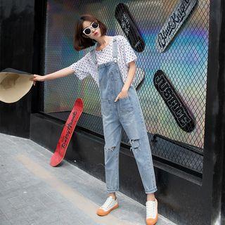 Ripped Straight-leg Denim Jumper Pants