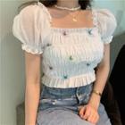 Puff-sleeve Butterfly Accent Shirred Cropped Top White - One Size
