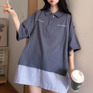 Striped Panel Oversize Elbow-sleeve Polo Shirt