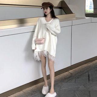 Fringed V-neck Long Sweater