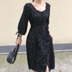 3/4-sleeve Dotted A-line Midi Dress White Dots - Black - One Size