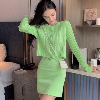 Set: Spaghetti Strap Mini Lettering Knit Dress + Cardigan