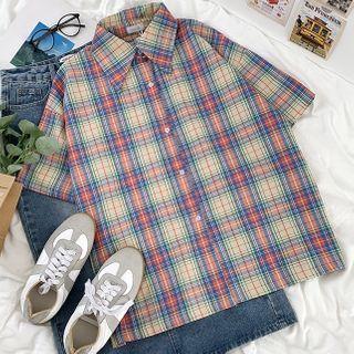 Short-sleeve Plaid Shirt Plaid - Orange & Blue & Green & Beige - One Size