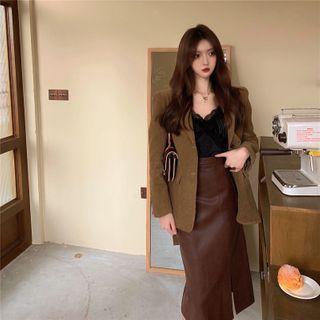 Loose-fit Blazer / Plain Lace Sleeveless Top / High Waist Split Leather Skirt