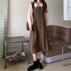 Long-sleeve Plain Shirt / Sleeveless Midi A-line Dress