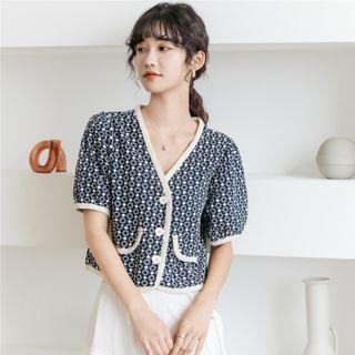 Contrast Trim Floral Embroidered Short-sleeve Cropped Blouse Navy Blue - One Size