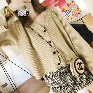 Set: Wide-sleeve V-neck Cardigan + Tweed Skirt