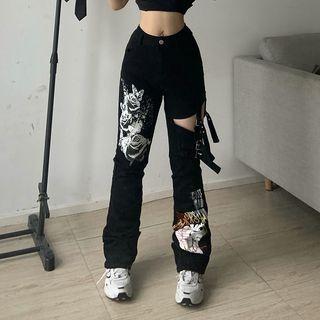 High Waist Print Cutout Straight Leg Jeans