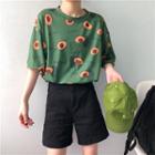 3/4-sleeve Avocado Print T-shirt Green - One Size