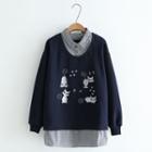 Cat Embroidered Mock Two-piece Sweatshirt