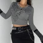 Long Sleeve V-neck Floral Print Rhinestone Crop Top