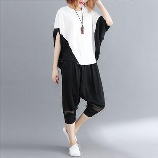 Set: Short-sleeve Batwing Top + Cropped Harem Pants