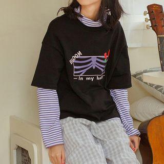 Mock Turtleneck Long-sleeve Striped Top / Short-sleeve Printed T-shirt