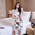 Sleeveless Rose Print Qipao Dress