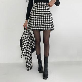 Houndstooth Woolen Tweed A-line Miniskirt