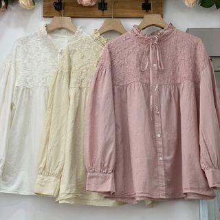 Long-sleeve Ruffle Trim Panel Embroidered Floral Blouse