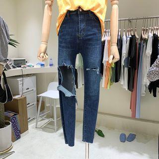 High-waits Distressed Cropped Skinny Jeans
