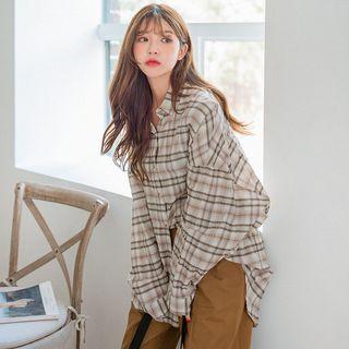 Drop-shoulder Textured Plaid Shirt