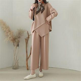 Set: Round-neck Asymmetric-hem Top + Band-waist Wide-leg Pants
