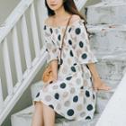 3/4-sleeve Frill Trim Polka Dot A-line Dress