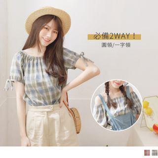 Tie-cuff Plaid Two Ways Off-shoulder Top