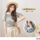 Tie-cuff Plaid Two Ways Off-shoulder Top