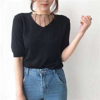 Set: Short Sleeve V-neck Top + Mesh Top