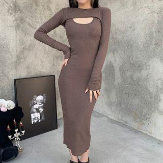 Set: Sleeveless Knit Midi Dress + Long-sleeve Shrug